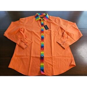 Barry Wang Mens Long Sleeve Shirt Orange w Rainbow Accent Trim Medium New W Tags